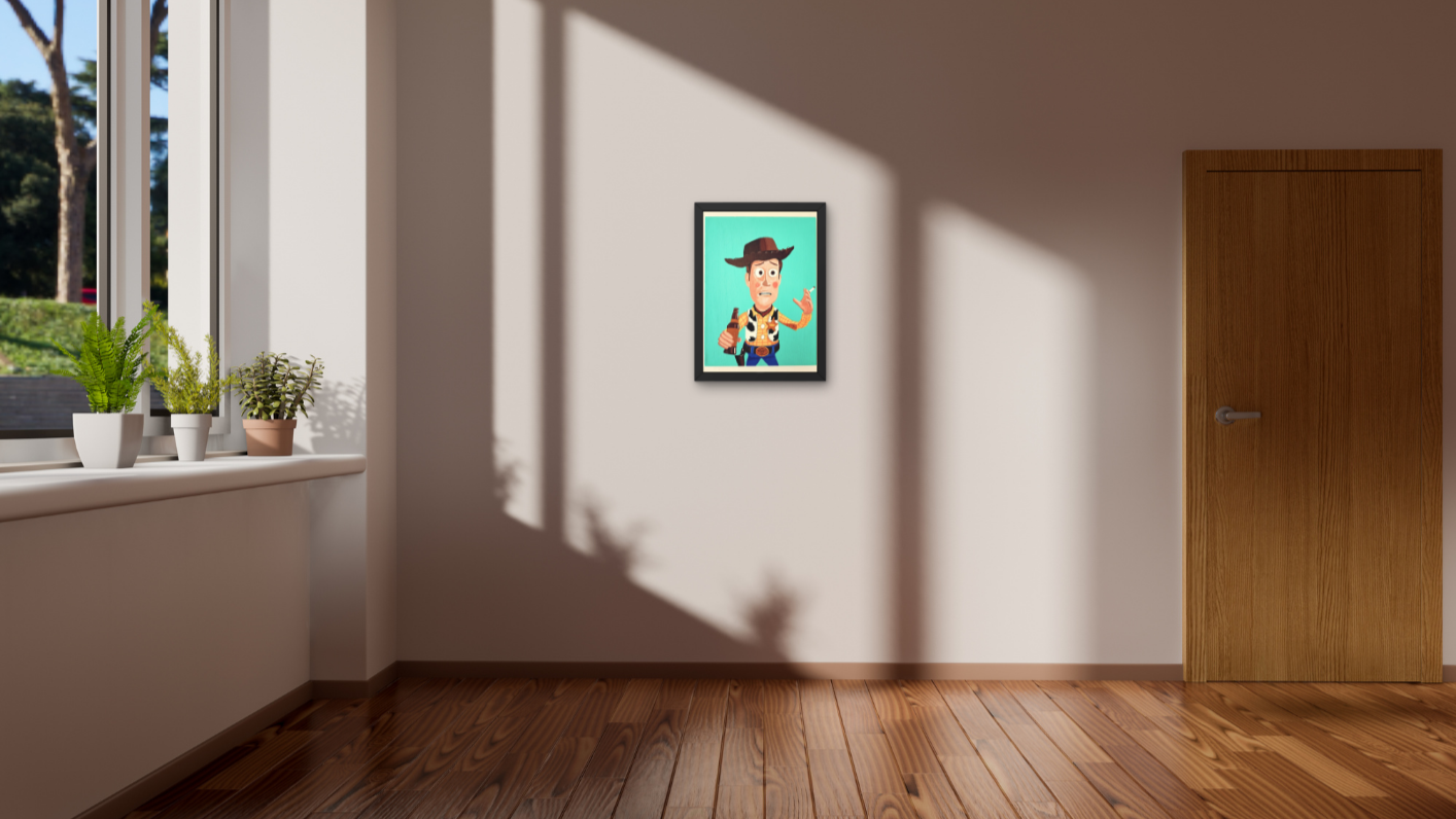 Room interior with a framed picture of Woody from ToyStory on the wall, plants on a windowsill, and a door.