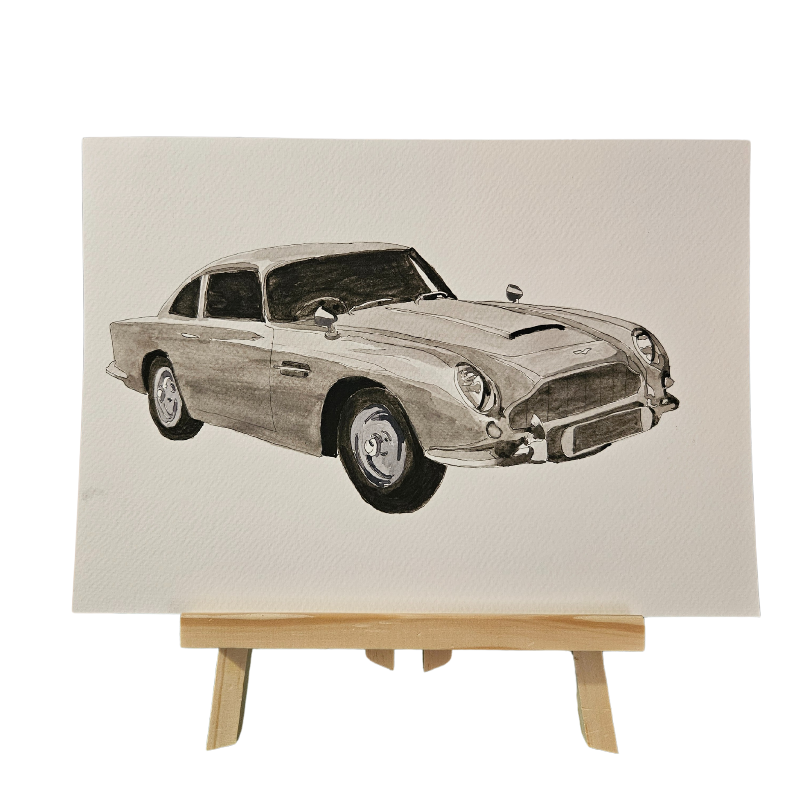 Pencil drawing of an Aston Martin DB5 car on A4 watercolour paper signed. 