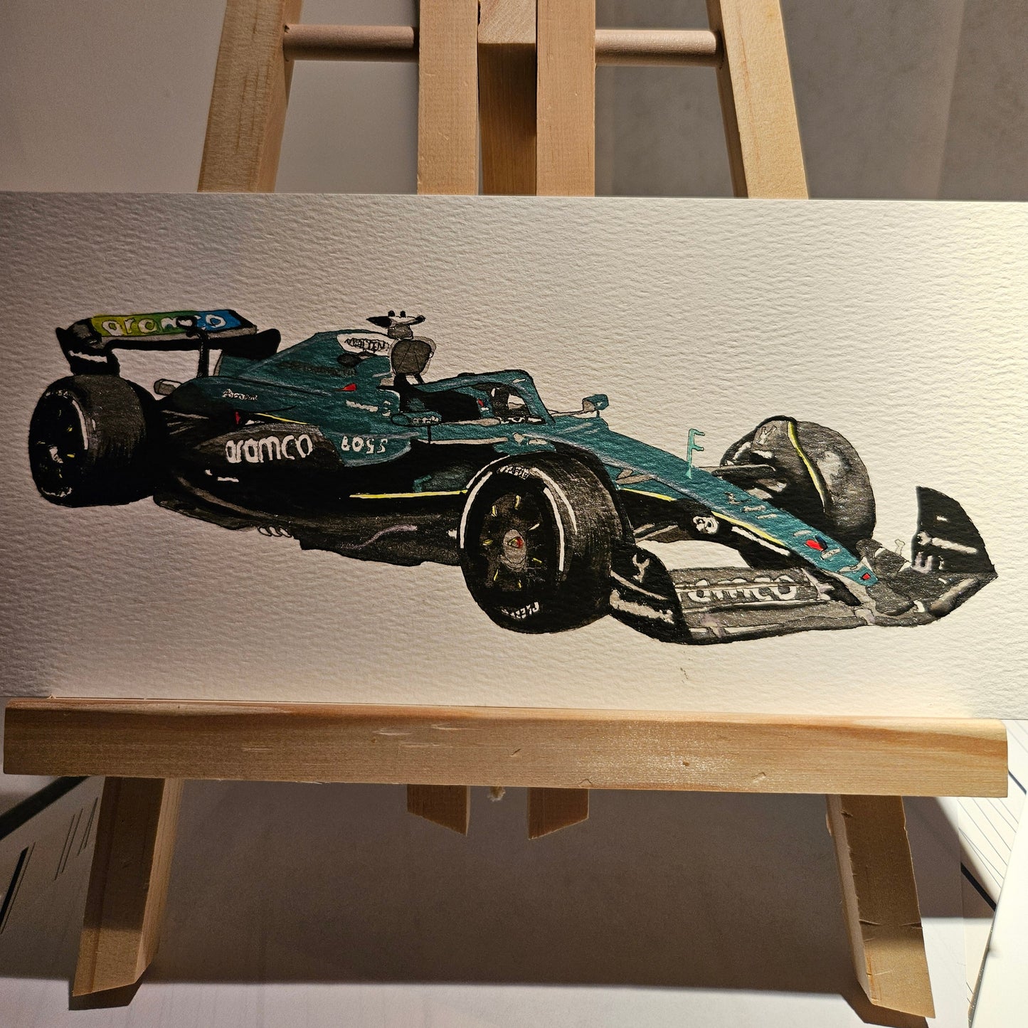 Aston Martin 2025 Formula 1 Car watercolour painting on white paper.