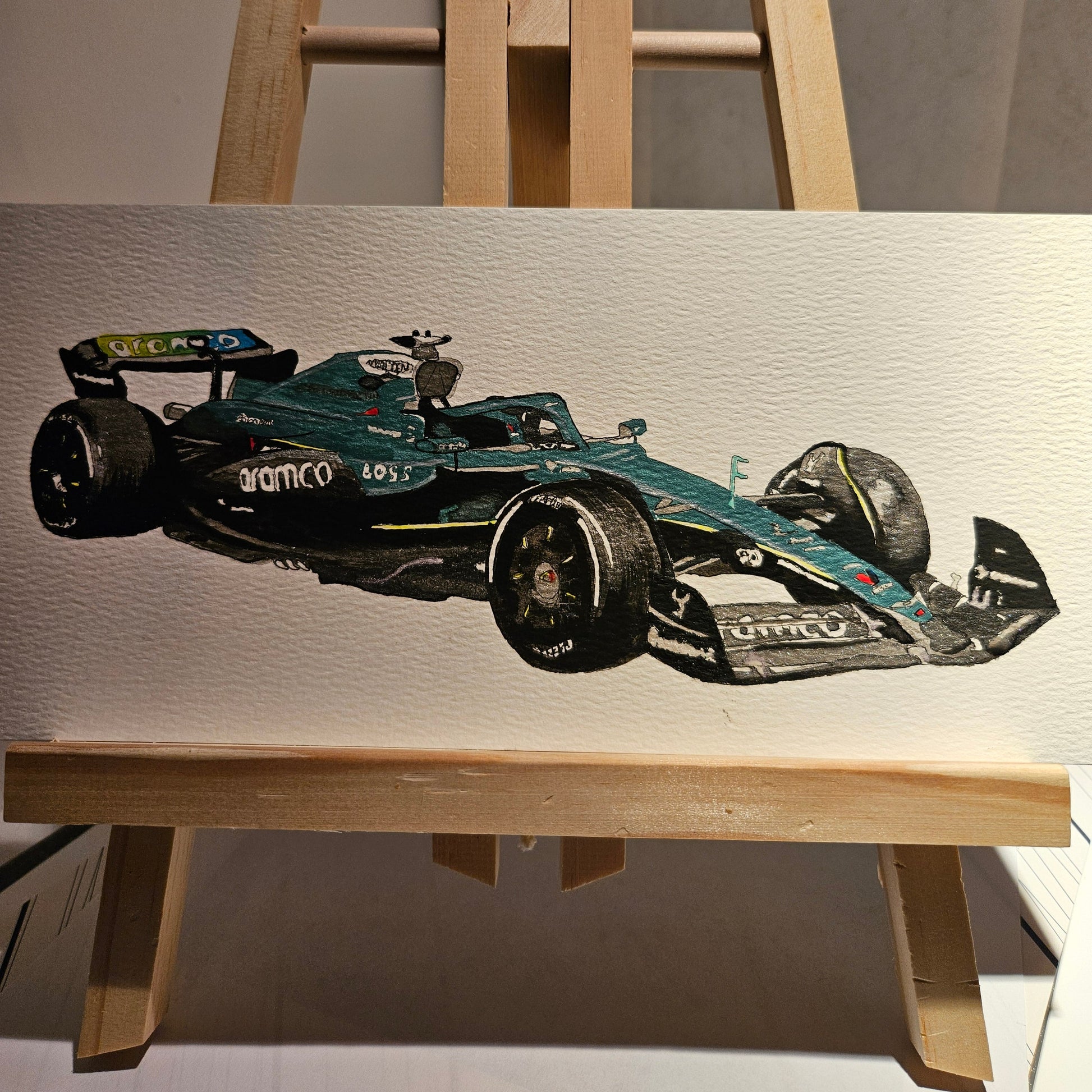 Aston Martin 2025 Formula 1 Car watercolour painting on white paper.