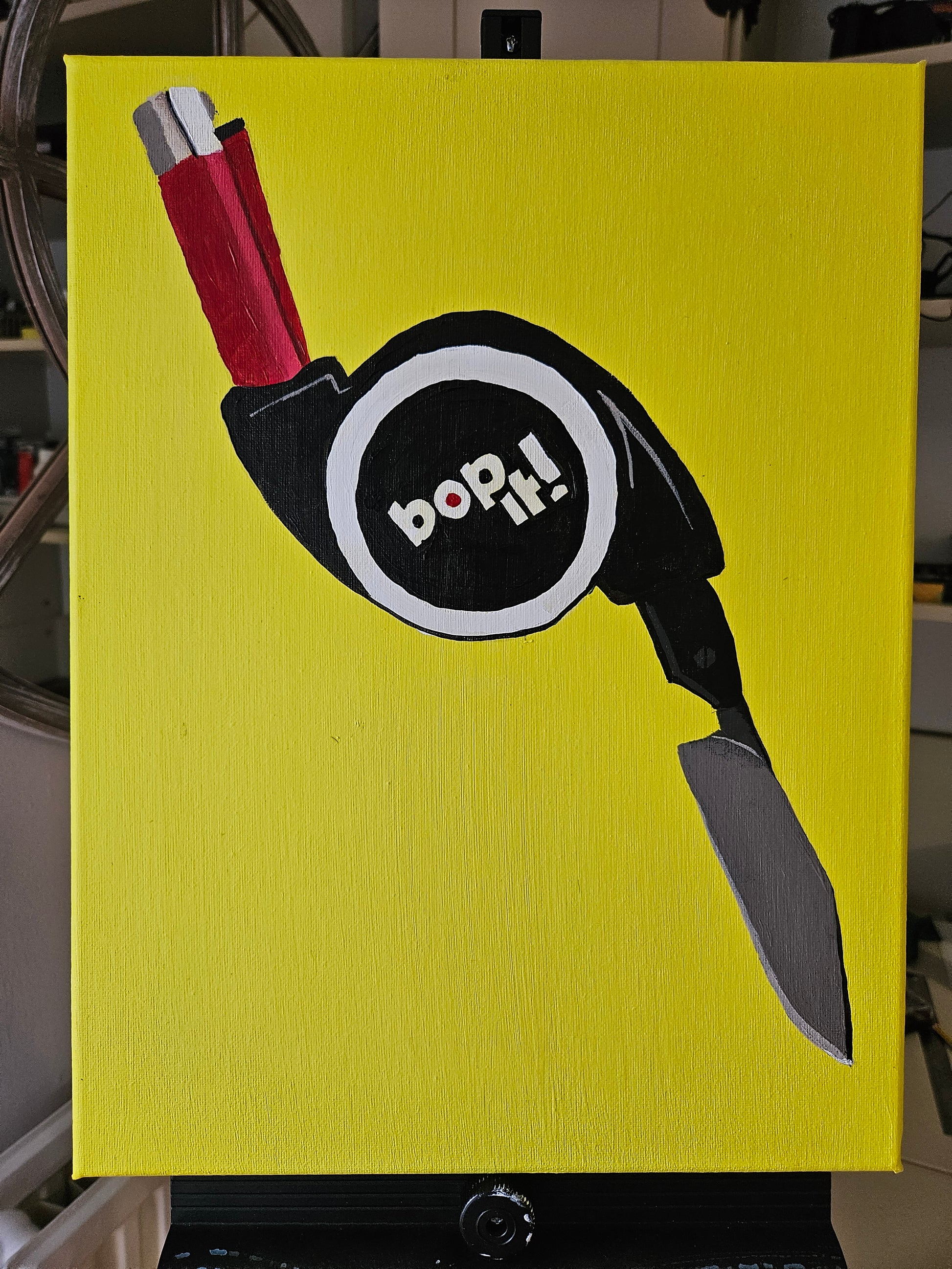 Satirical painting of a bop it with a lighter and knife. Acrylic on canvas. 