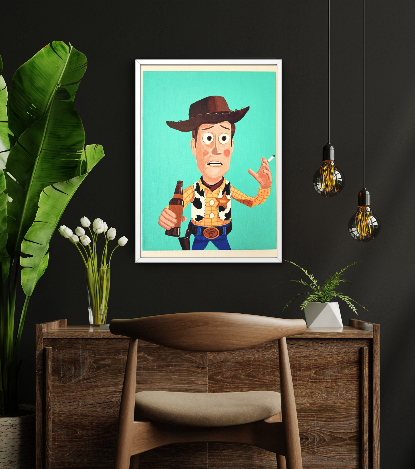 Framed artwork of a Woody from Toy Story with a cowboy hat on a wall in a room with a wooden desk and plants.