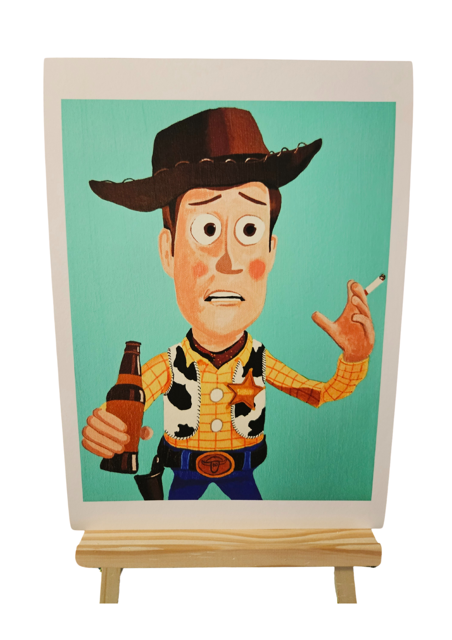 Woody from Toy Story in a cowboy outfit holding a beer and a cigarette on a green background