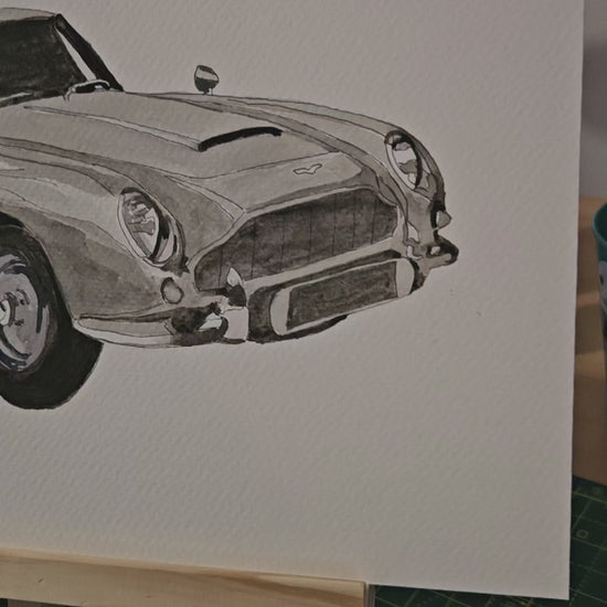 Video of an Aston Martin DB5 painting on watercolour paper.
