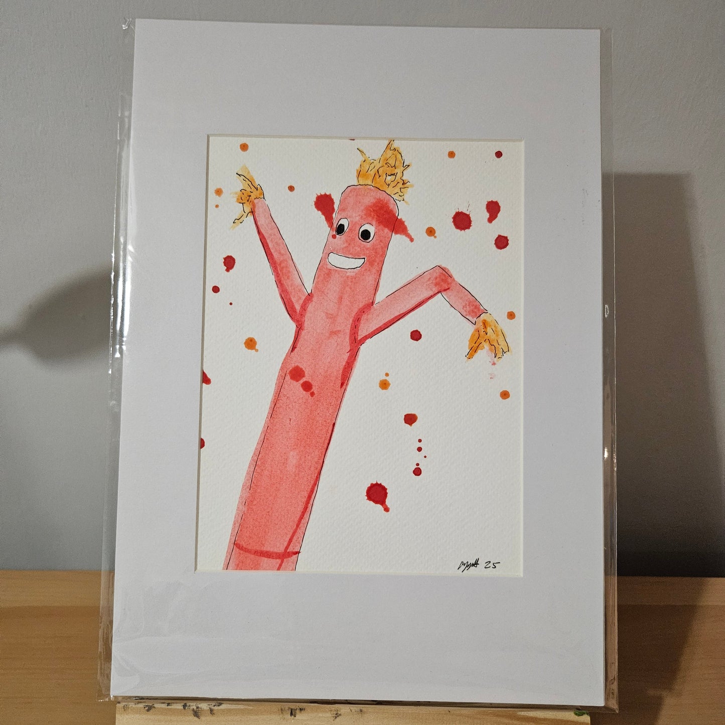 watercolour  painting of wacky waving inflatable arm-flailing tube man mounted in a4