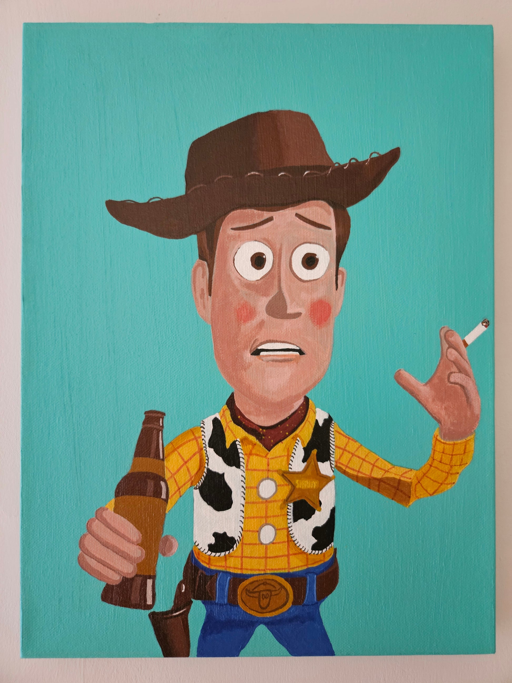 Illustration of Woody from Toy Story with a beer and cigarette against a teal background